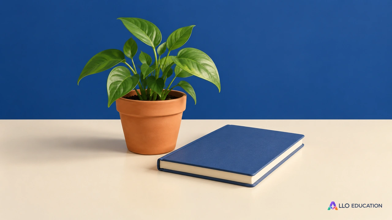 Une petite plante en pot et un carnet fermé.
