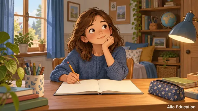 Une élève réfléchit, un crayon à la main au-dessus de son cahier, à son bureau à la maison.