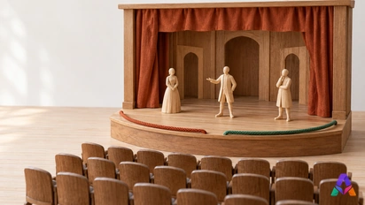 Une petite scène en bois et ses sièges annoncent deux trajets de lecture, entre personnages et vers le public.